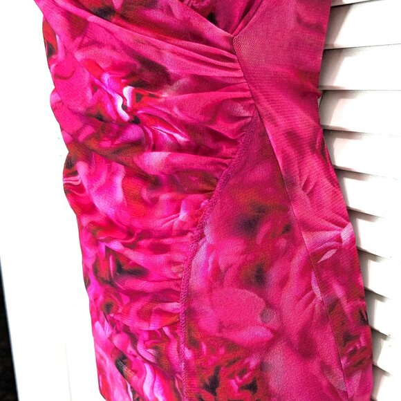 FUZZI Italy Bodycon Mesh Sleeveless Top Small Rose Print Faux Wrap Red Pink - Picture 5 of 16